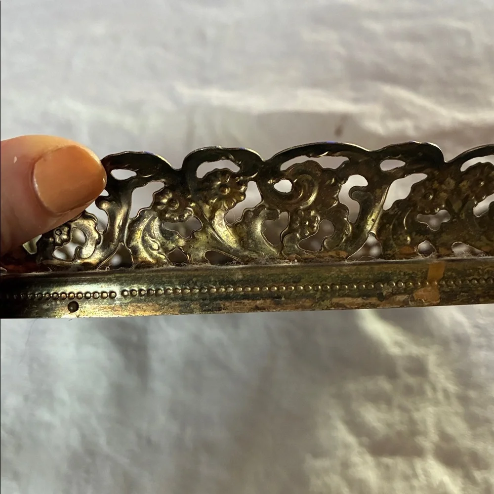 Mirrored vanity tray ornate reticulated brass filigree frame Around Oval Mirror